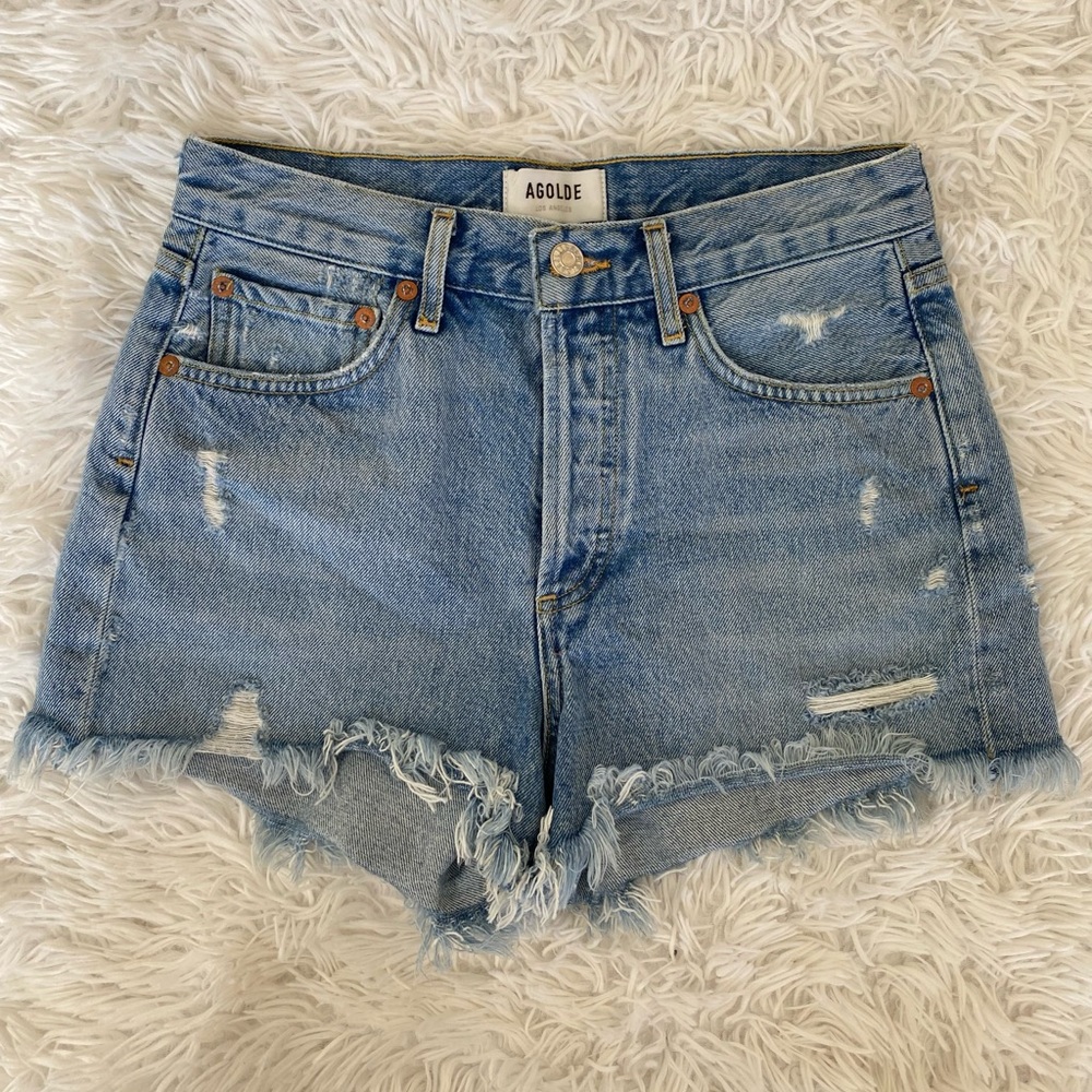 AGOLDE Women's Distressed Denim Shorts - Light Blue